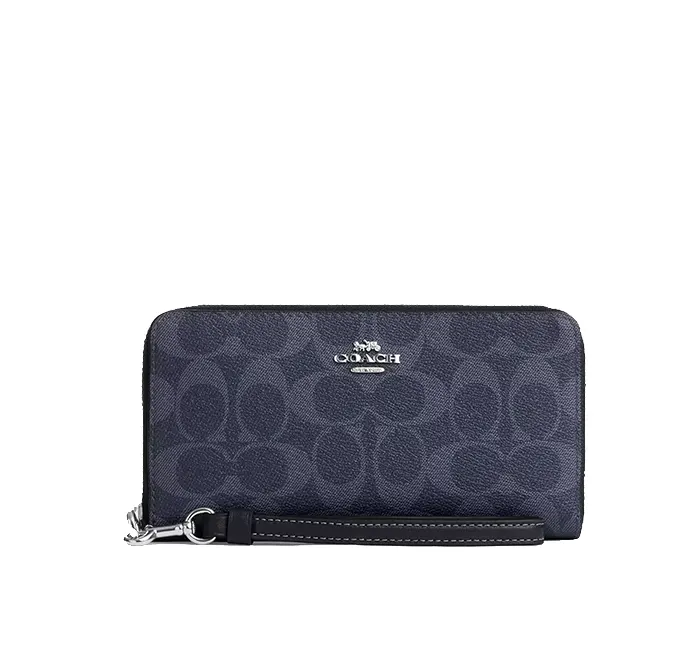 Coach Women's Long Zip Around Wallet In Signature Canvas Silver/Denim/Midnight Navy