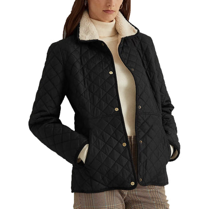 Ralph Lauren Women's Corduroy Trim Quilted Coat Black - Ready to Ship