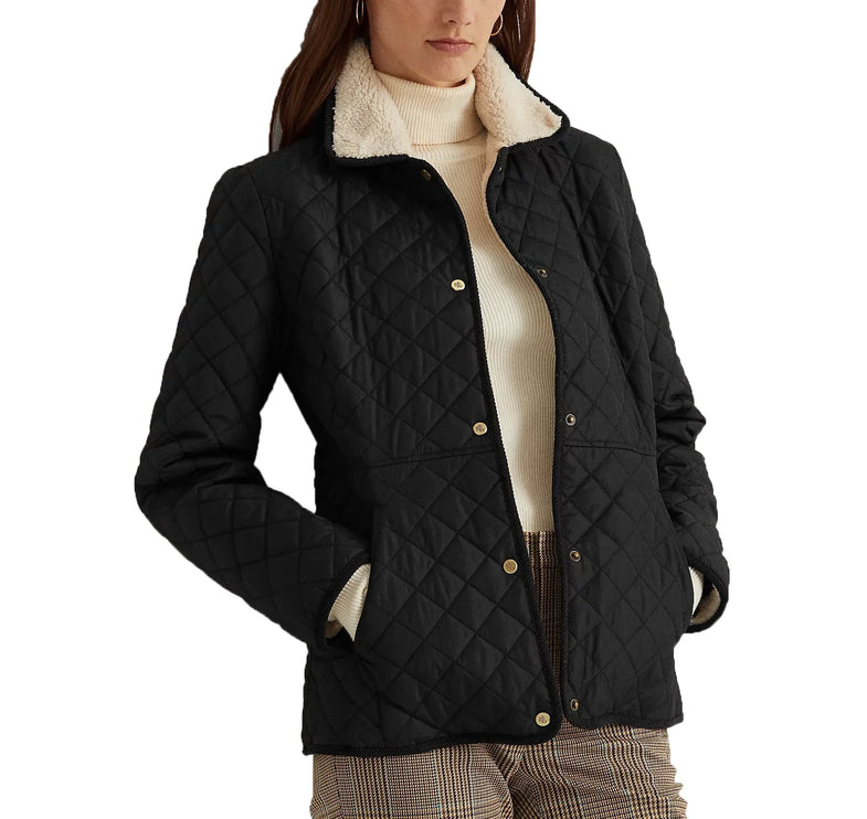 Ralph Lauren Women's Corduroy Trim Quilted Coat Black - Ready to Ship