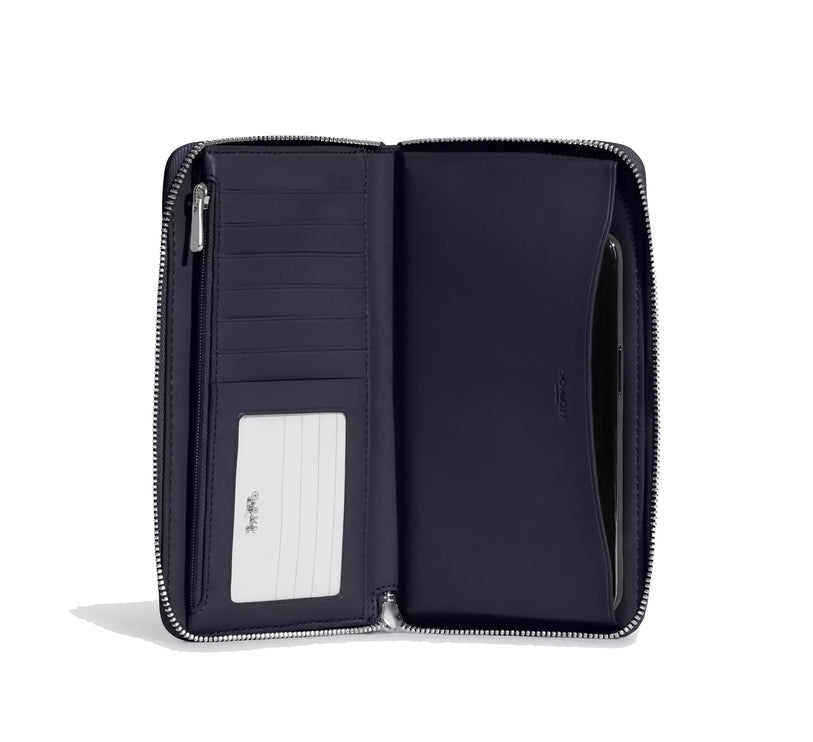 Coach Women's Dempsey Large Phone Wallet In Signature Jacquard With Stripe And Coach Patch Silver/Denim/Midnight Navy Multi