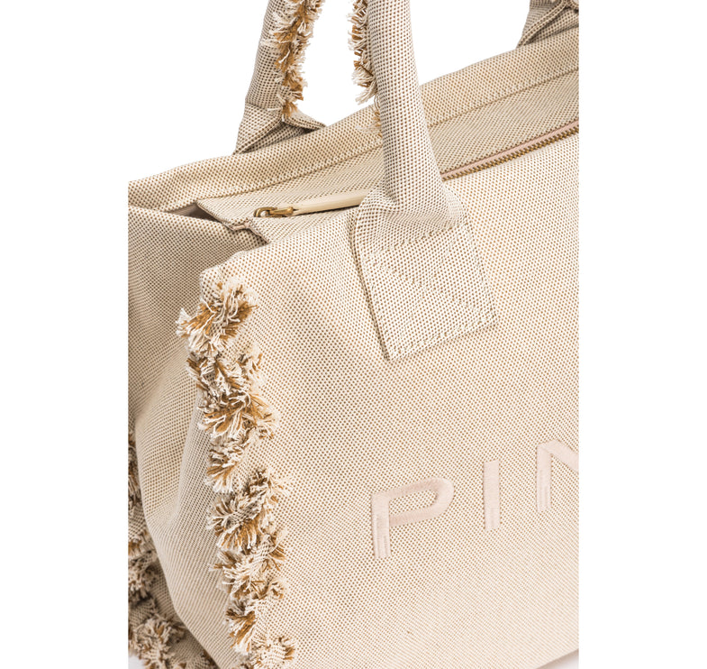 Pinko Women's Beach Shopper in Salt and Pepper Recycled Canvas Sand/Ecru