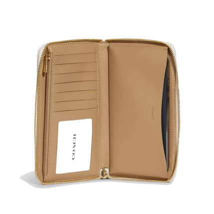 Coach Women's Dempsey Large Phone Wallet In Signature Jacquard With Stripe And Coach Patch Gold/Light Khaki Chalk