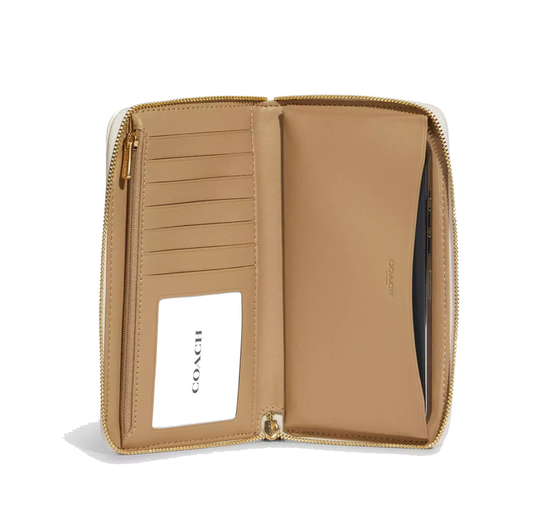 Coach Women's Dempsey Large Phone Wallet In Signature Jacquard With Stripe And Coach Patch Gold/Light Khaki Chalk