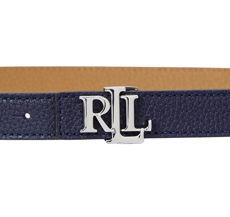 Polo Ralph Lauren Women's Logo Reversible Leather Skinny Belt Refined Navy/Camel