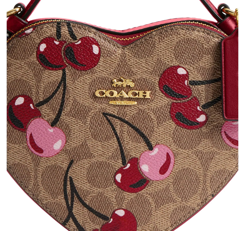 Coach Women's Heart Crossbody Bag In Signature Canvas With Cherry Print Gold/Tan Multi - Hemen Kargoda