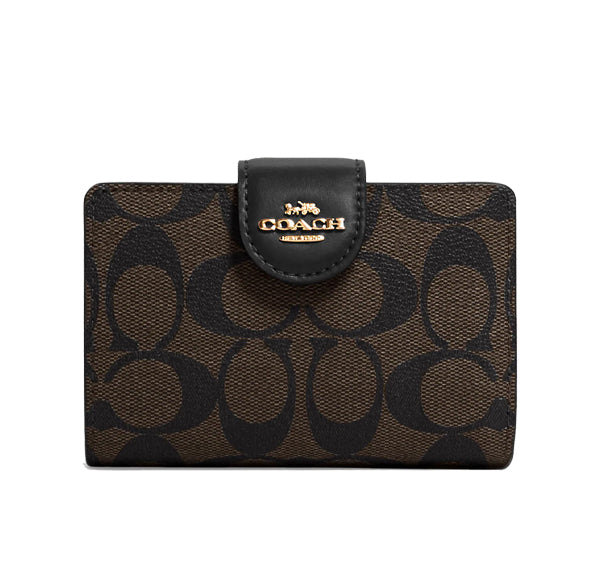 Coach Women's Medium Corner Zip Wallet In Signature Canvas Gold/Brown Black