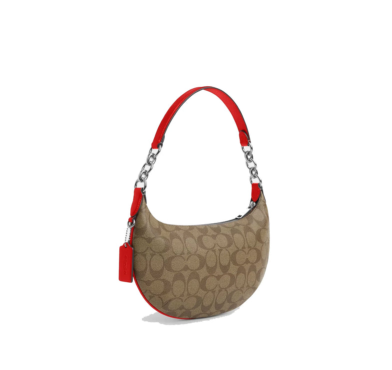 Coach Women's Payton Hobo In Signature Canvas Silver/Khaki/Miami Red - Ready to Ship