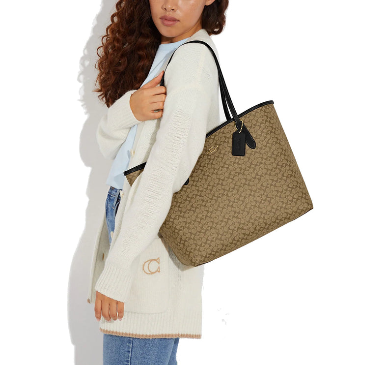 Coach Women's City Tote In Signature Canvas Gold/Khaki/Black