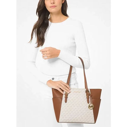Michael Kors Women's Charlotte Large Logo and Leather Top Zip Tote Bag Vanilla