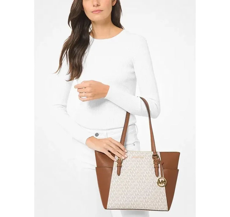 Michael Kors Women's Charlotte Large Logo and Leather Top Zip Tote Bag Vanilla