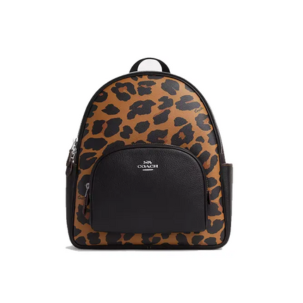 Coach Women's Court Backpack With Signature Canvas And Leopard Print Silver/Light Saddle Multi