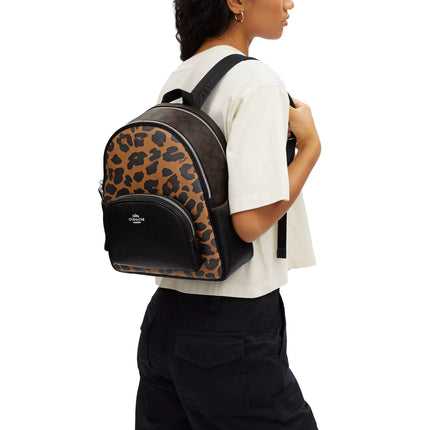 Coach Women's Court Backpack With Signature Canvas And Leopard Print Silver/Light Saddle Multi