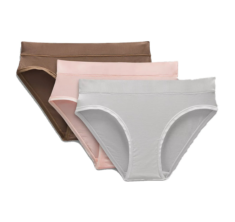 lululemon Women's UnderEase Mid-Rise Bikini Underwear 3 Pack Strawberry Milkshake/Taupetastic/Jumie Stripe White Vapor