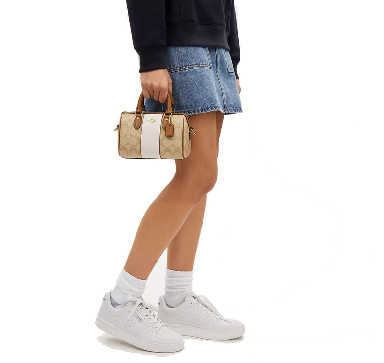 Coach Women's Mini Rowan Crossbody In Signature Canvas With Stripe Gold/Light Khaki/Chalk Lt Saddle