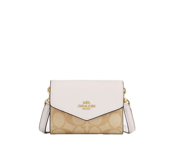 Coach Women's Mini Envelope Wallet With Strap In Signature Canvas Gold/Light Khaki Chalk