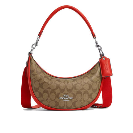 Coach Women's Aria Shoulder Bag In Signature Canvas Silver/Khaki/Miami Red