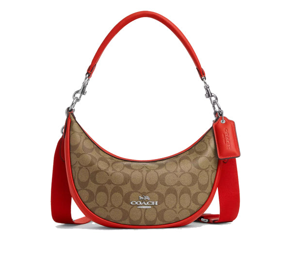 Coach Women's Aria Shoulder Bag In Signature Canvas Silver/Khaki/Miami Red