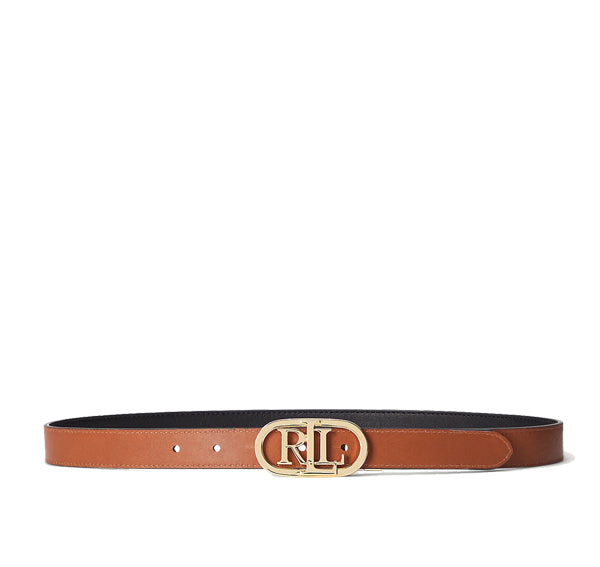 Polo Ralph Lauren Women's Oval-Logo Reversible Leather Skinny Belt Black/Tan