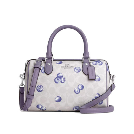 Coach Women's Rowan Satchel Bag In Signature Canvas With Blueberry Print Silver/Chalk/Light Violet