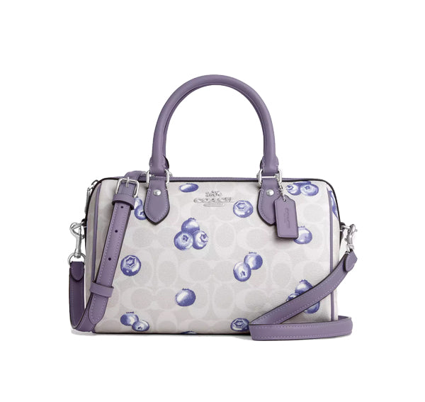 Coach Women's Rowan Satchel Bag In Signature Canvas With Blueberry Print Silver/Chalk/Light Violet