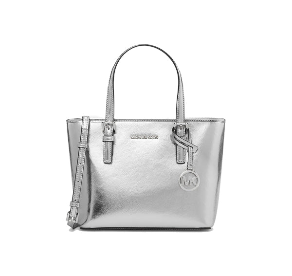 Michael Kors Women's Jet Set Travel Extra Small Metallic Top Zip Tote Bag Silver