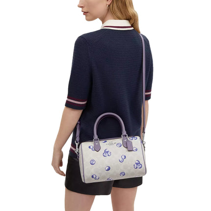 Coach Women's Rowan Satchel Bag In Signature Canvas With Blueberry Print Silver/Chalk/Light Violet