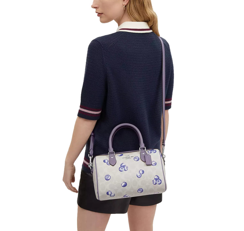 Coach Women's Rowan Satchel Bag In Signature Canvas With Blueberry Print Silver/Chalk/Light Violet