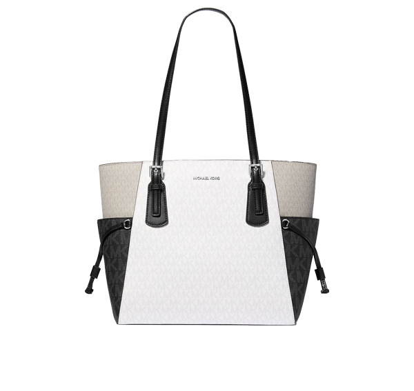 Michael Kors Women's Voyager Large Color-Block Signature Logo Tote Bag Optic White Multi