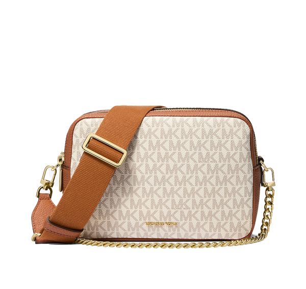 Michael Kors Women's Bryant Medium Signature Logo Camera Crossbody Bag Vanilla/Acorn/Gold