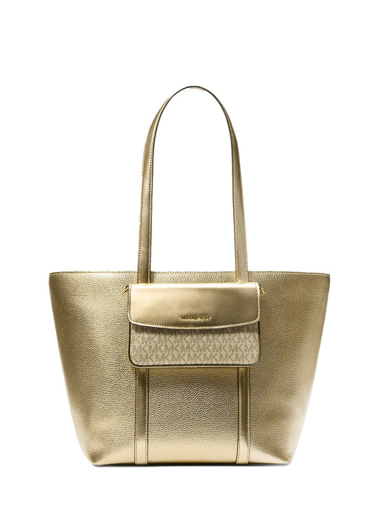 Michael Kors Women's Jet Set Large 2-in-1 Metallic Leather Tote Bag Pale Gold