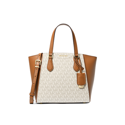 Michael Kors Women's Taryn Small Signature Logo and Leather Convertible Crossbody Bag Vanilla/Acorn
