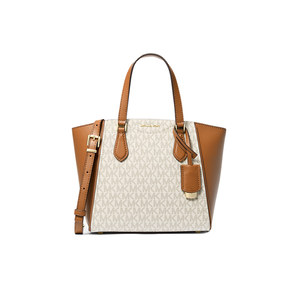 Michael Kors Women's Taryn Small Signature Logo and Leather Convertible Crossbody Bag Vanilla/Acorn