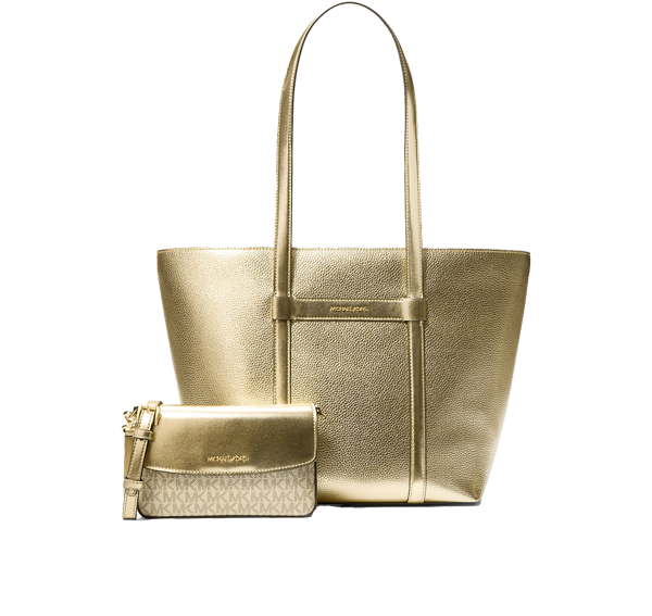 Michael Kors Women's Jet Set Large 2-in-1 Metallic Leather Tote Bag Pale Gold