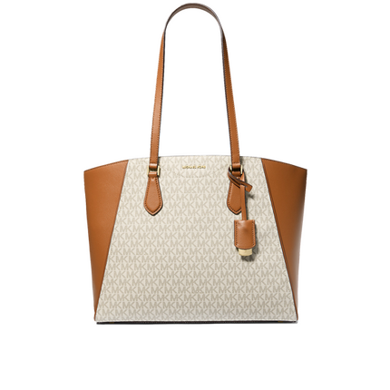 Michael Kors Women's Taryn Large Signature Logo and Leather Tote Bag Vanilla/Acorn