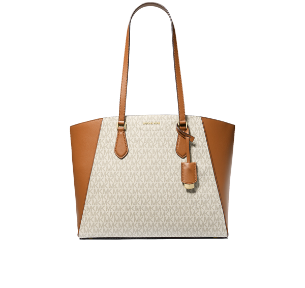 Michael Kors Women's Taryn Large Signature Logo and Leather Tote Bag Vanilla/Acorn