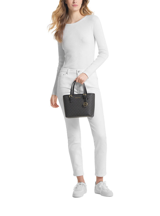 Michael Kors Women's Jet Set Travel Extra Small Logo Top-Zip Tote Bag Black/Gold