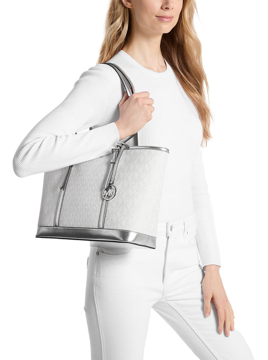 Michael Kors Women's Jet Set Travel Small Metallic Logo Top-Zip Tote Bag Silver