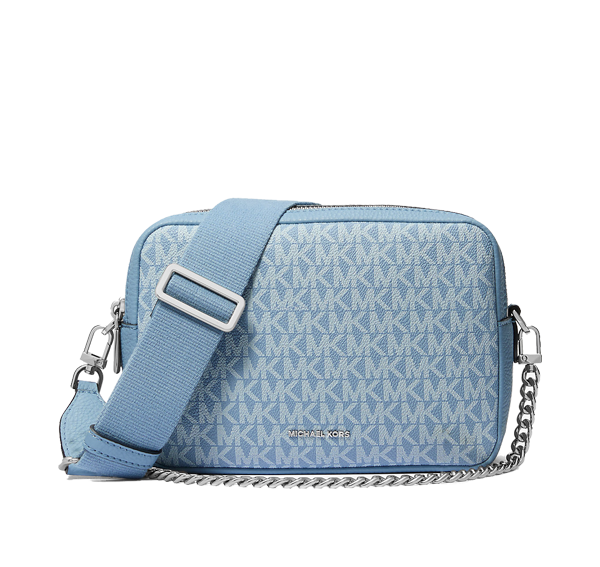 Michael Kors Women's Bryant Medium Signature Logo Camera Crossbody Bag Chambray/Silver