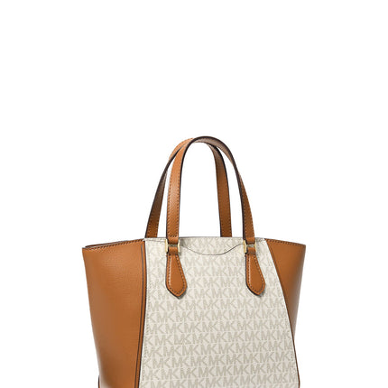 Michael Kors Women's Taryn Small Signature Logo and Leather Convertible Crossbody Bag Vanilla/Acorn