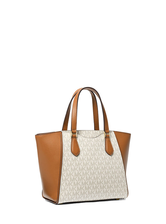 Michael Kors Women's Taryn Small Signature Logo and Leather Convertible Crossbody Bag Vanilla/Acorn