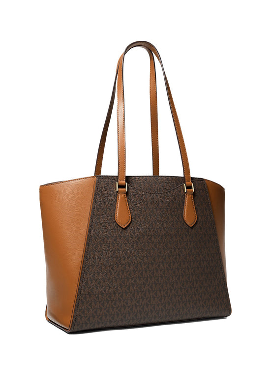 Michael Kors Women's Taryn Large Signature Logo and Leather Tote Bag Brown/Acorn