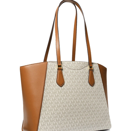 Michael Kors Women's Taryn Large Signature Logo and Leather Tote Bag Vanilla/Acorn