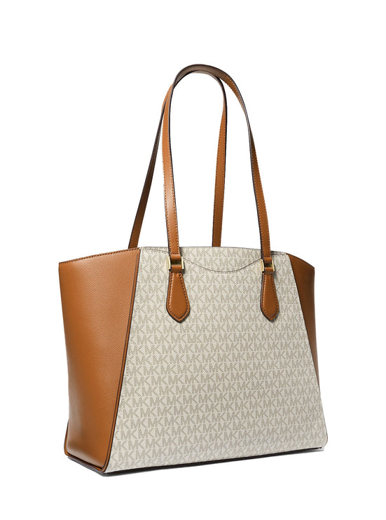 Michael Kors Women's Taryn Large Signature Logo and Leather Tote Bag Vanilla/Acorn