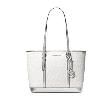 Michael Kors Women's Jet Set Travel Small Metallic Logo Top-Zip Tote Bag Silver