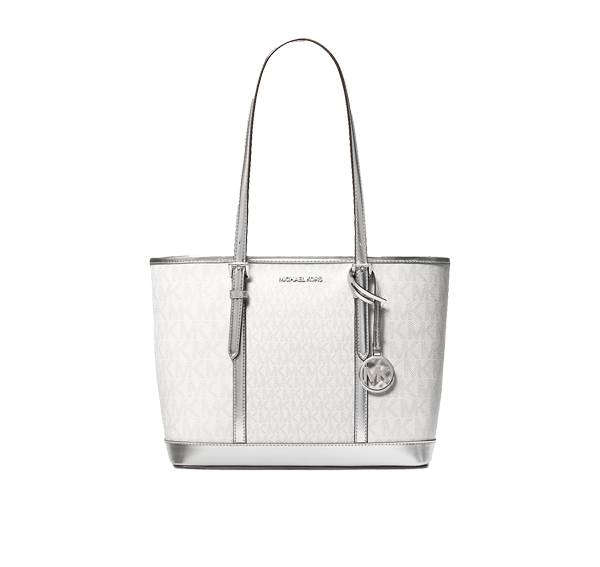 Michael Kors Women's Jet Set Travel Small Metallic Logo Top-Zip Tote Bag Silver