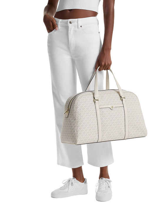 Michael Kors Women's Jet Set Travel Extra-Large Signature Logo Weekender Bag Light Cream Multi