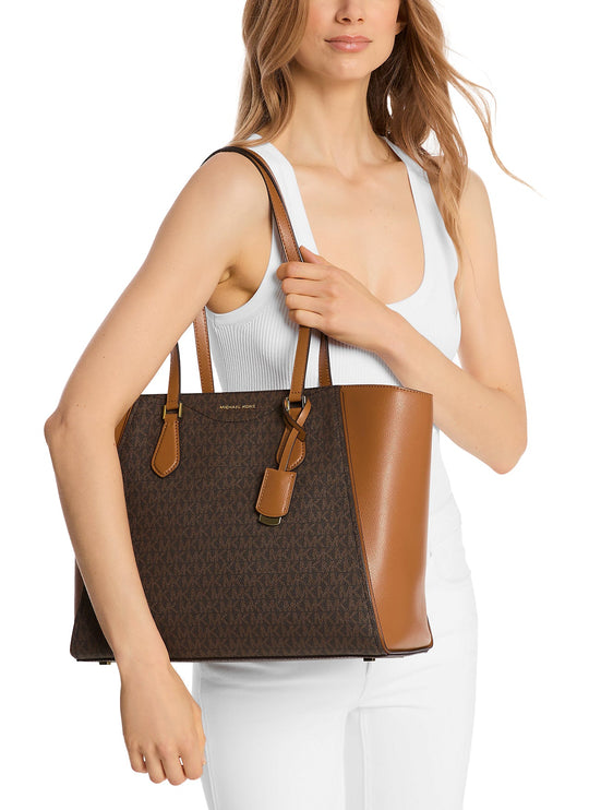 Michael Kors Women's Taryn Large Signature Logo and Leather Tote Bag Brown/Acorn
