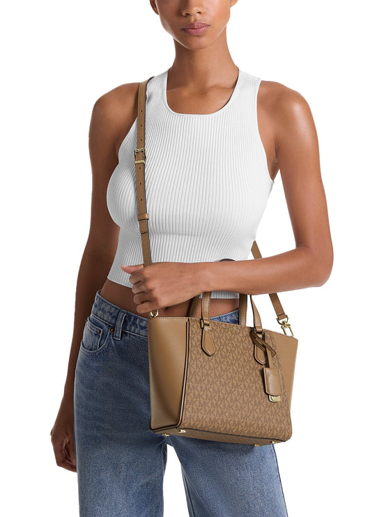 Michael Kors Women's Taryn Small Signature Logo and Leather Convertible Crossbody Bag Husk