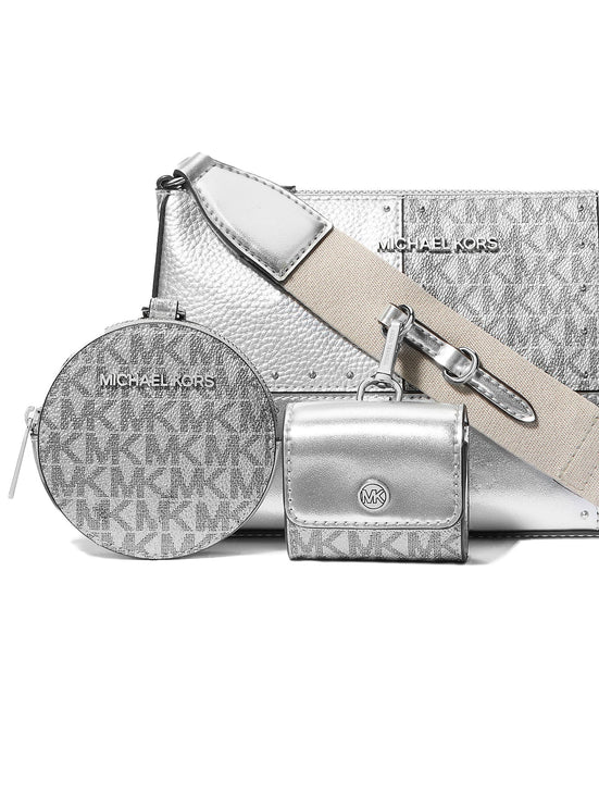 Michael Kors Women's Jet Set Travel Small Metallic Patchwork and Signature Logo Crossbody Bag Silver