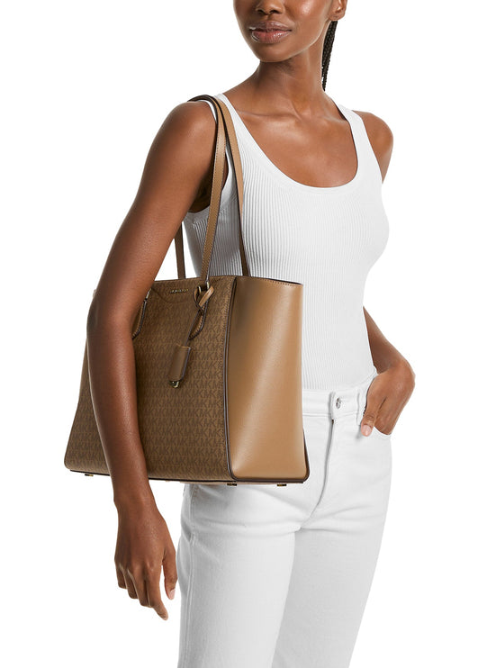 Michael Kors Women's Taryn Large Signature Logo and Leather Tote Bag Husk